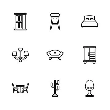 Set line Coat stand, Wardrobe, Armchair, Sofa, Big bed, Chair and Chandelie.. Stock Illustration