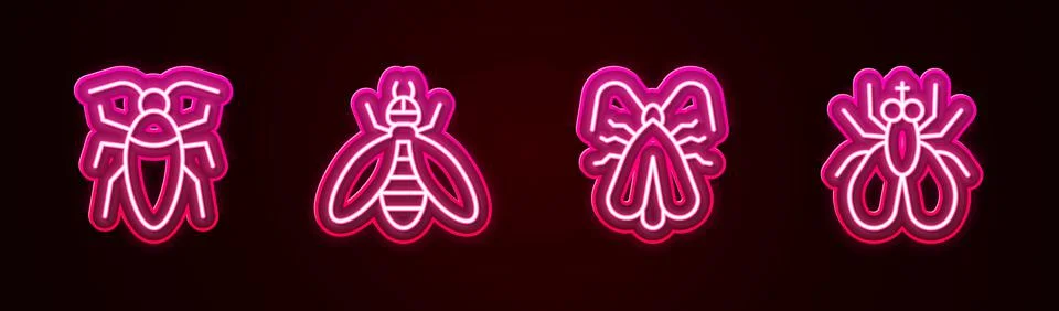 Set line Cockroach, Bee, Clothes moth and Insect fly. Glowing neon icon. Vector Stock Illustration