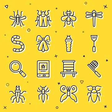 Set line Cockroach, Butterfly net, Fly swatter, Insect, Clothes moth, Worm Stock Illustration