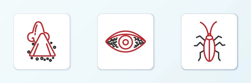 Set line Cockroach, Runny nose and Reddish eye allergic conjunctivitis icon.. Illustrazione stock