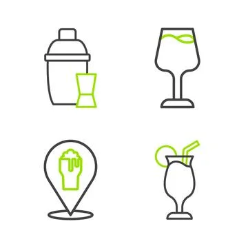 Set line Cocktail, Alcohol or beer bar location, Wine glass and shaker icon.. Stock Illustration