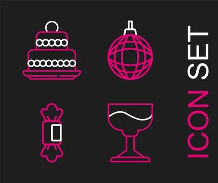 Set line Cocktail, Candy, Disco ball and Cake icon. Vector Stock Illustration