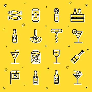 Set line Cocktail, Opened bottle of wine, Martini glass, Bottle opener, Pickled Stock Illustration