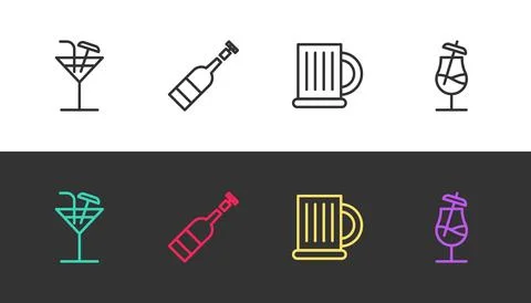 Set line Cocktail, Opened bottle of wine, Wooden beer mug and on black and white Stock Illustration