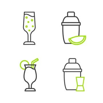 Set line Cocktail shaker, with lime and Glass of champagne icon. Vector Stock Illustration