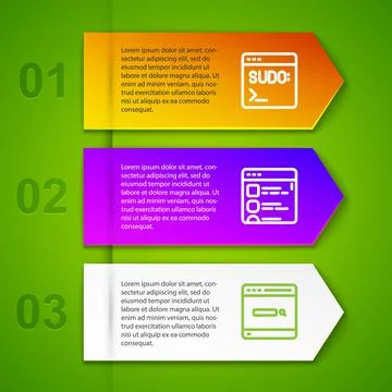 Set line Code terminal, Browser files and Search engine. Business infographic Illustrazione stock
