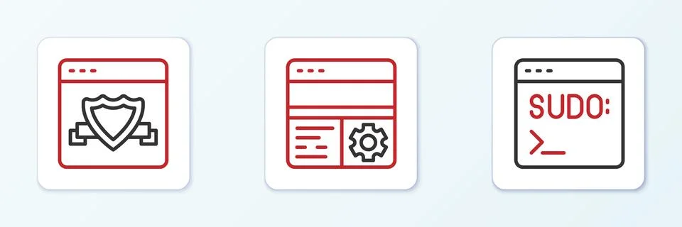 Set line Code terminal, Browser with shield and Debugging icon. Vector Stockillustratie