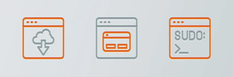 Set line Code terminal, Cloud technology data transfer and Search engine icon Stockillustratie