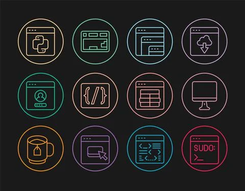 Set line Code terminal, Computer monitor screen, Software, Programming language Illustrazione stock