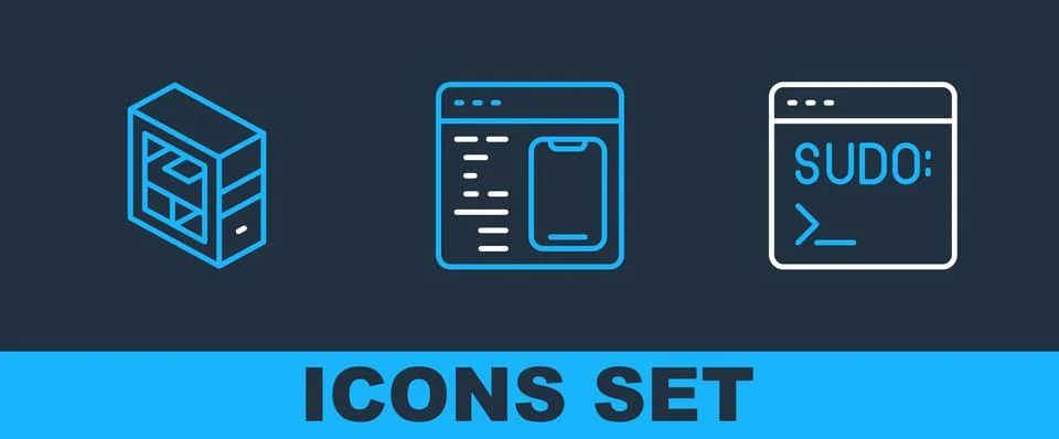 Set line Code terminal, Computer and Software icon. Vector Stock Illustration
