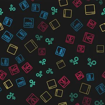 Set line Code terminal, Debugging, Browser window and with exclamation mark.. Stock Illustration