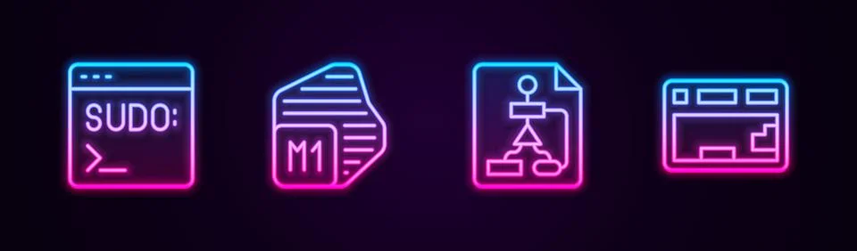 Set line Code terminal, Processor, Flowchart and Keyboard. Glowing neon icon. Illustrazione stock