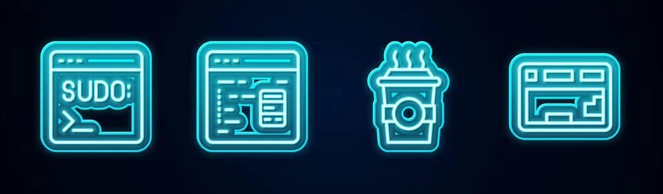 Set line Code terminal, Software, Coffee cup to go and Keyboard. Glowing neon Stock-Illustration