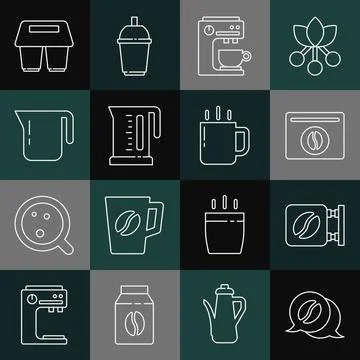 Set line Coffee and conversation, Street signboard coffee, Bag beans, machine Illustration