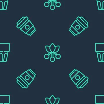 Set line Coffee bean, branch, cup to go and Glass with water on seamless pattern Illustrazione stock