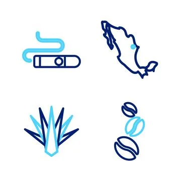 Set line Coffee beans, Agave, Map mexican and Cigar icon. Vector Illustrazione stock
