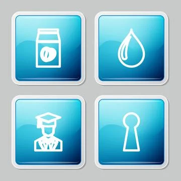 Set line Coffee beans in bag, Water drop, Graduate with graduation cap and Stock Illustration