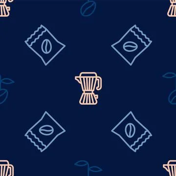 Set line Coffee beans, Bag coffee and maker moca pot on seamless pattern. Vector Stock Illustration