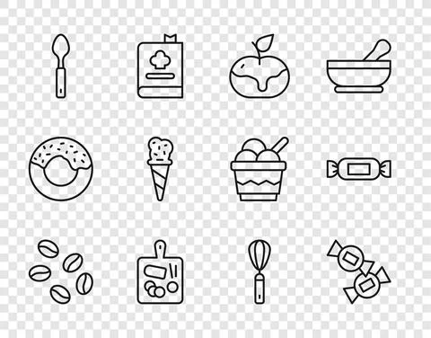 Set line Coffee beans, Candy, Apple in caramel, Cutting board, Spoon, Ice cream Stock Illustration