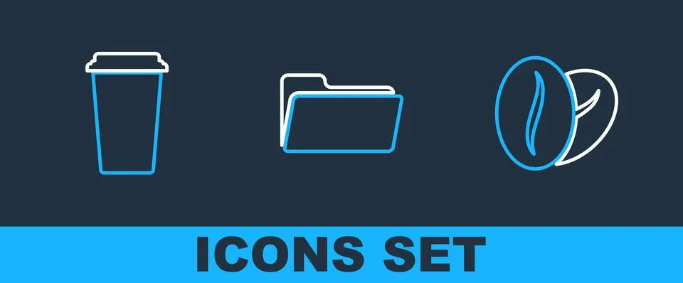 Set line Coffee beans, cup and Folder icon. Vector Stock Illustration
