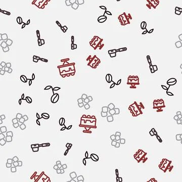 Set line Coffee beans, filter holder, Sugar cubes and Cake on seamless pattern 库存插图