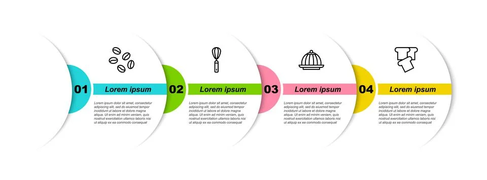 Set line Coffee beans, Kitchen whisk, Pudding custard and Bread toast. Business Illustrazione stock