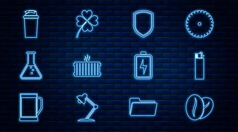 Set line Coffee beans, Lighter, Shield, Heating radiator, Test tube and flask Ilustración de archivo
