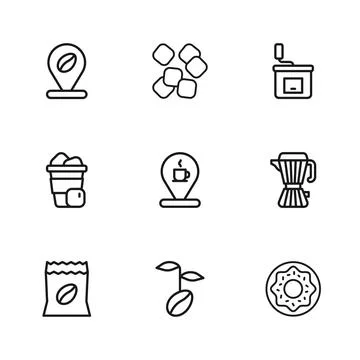 Set line Coffee beans, maker moca pot, Donut, Location with coffee cup, Man.. Stock Illustration