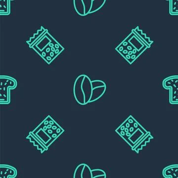 Set line Coffee beans, Pack full seeds plant and Bread toast on seamless pattern 스톡 일러스트