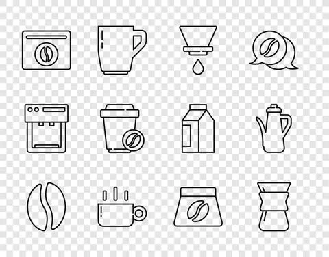 Set line Coffee beans, Pour over coffee maker, V60, cup, Bag, to go, and Teapot Ilustração Stock