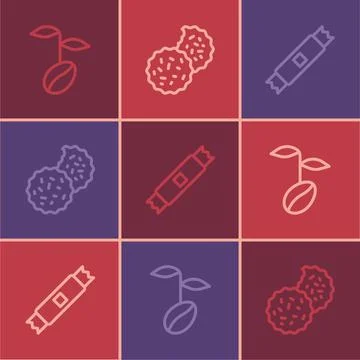 Set line Coffee beans, Sugar stick packets and Cookie or biscuit icon. Vector Stock Illustration