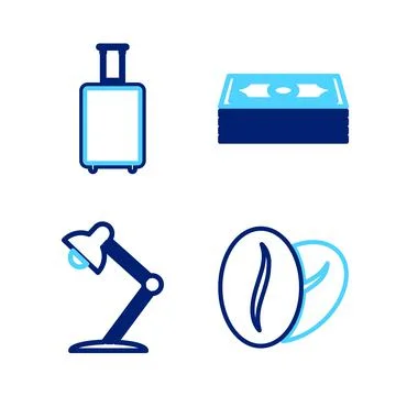 Set line Coffee beans, Table lamp, Stacks paper money cash and Travel suitcas Stock Illustration