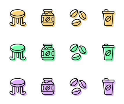 Set line Coffee beans, table, jar bottle and cup to go icon. Vector Stock Illustration