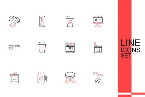 Set line Coffee beans, table, cup, French press, Manual coffee grinder, mac.. Stock Illustration