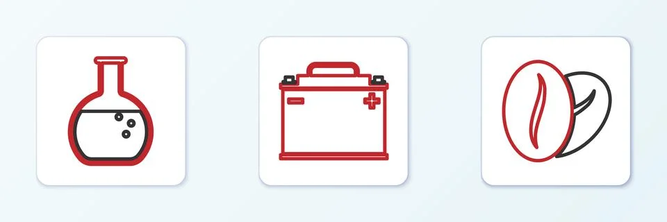 Set line Coffee beans, Test tube and flask and Car battery icon. Vector 库存插图