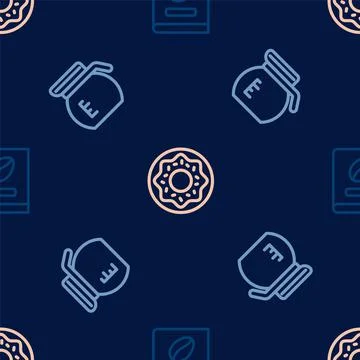 Set line Coffee book, pot and Donut on seamless pattern. Vector Stock Illustration
