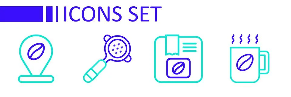Set line Coffee cup, Bag coffee beans, filter holder and Location with icon.. Stock Illustration