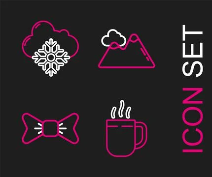 Set line Coffee cup, Bow tie, Mountains and Cloud with snow icon. Vector Illustrazione stock