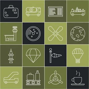 Set line Coffee cup, Box flying on parachute, Worldwide, Airport board, Radar Illustrazione stock