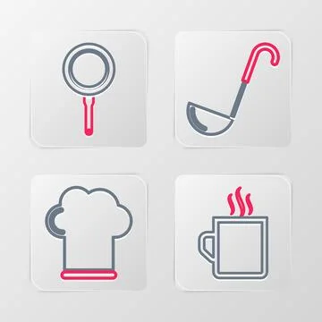 Set line Coffee cup, Chef hat, Kitchen ladle and Frying pan icon. Vector Illustrazione stock