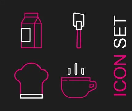 Set line Coffee cup, Chef hat, Spatula and Paper package for milk icon. Vecto Stock Illustration
