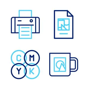 Set line Coffee cup, CMYK color mixing, File document and Printer icon. Vecto Stock Illustration