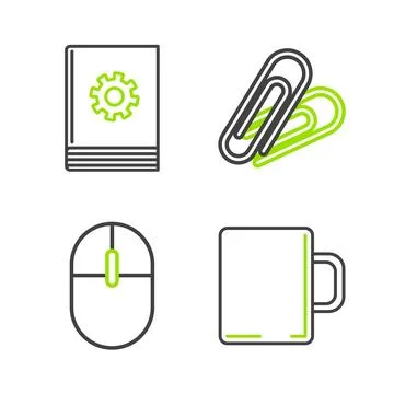 Set line Coffee cup, Computer mouse, Paper clip and User manual icon. Vector Stock Illustration