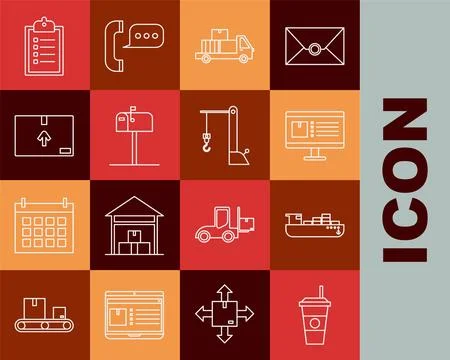 Set line Coffee cup, Computer monitor app tracking, Delivery truck cardboar.. Stock Illustration