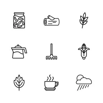 Set line Coffee cup, Corn, Cloud with rain and sun, Garden rake, Leaf, Pick.. Stock Illustration