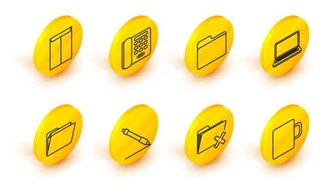 Set line Coffee cup, Delete folder, Pen line, Document, Laptop, Telephone and Illustrazione stock