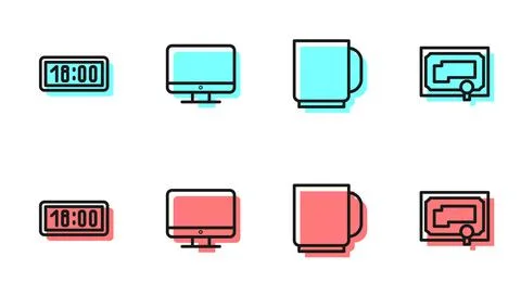 Set line Coffee cup, Digital alarm clock, Computer monitor screen and Stock Illustration