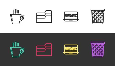 Set line Coffee cup, Document folder, Laptop with text work and Trash can on Illustrazione stock