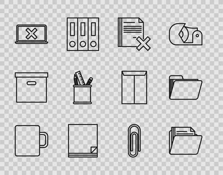Set line Coffee cup, Document folder, Delete file document, File, Laptop an.. Stock Illustration
