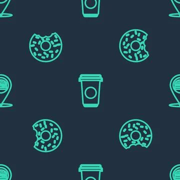 Set line Coffee cup, Donut and Location with burger on seamless pattern. Vector 스톡 일러스트